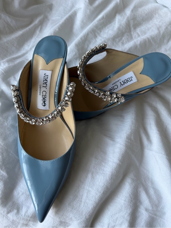 Jimmy Choo Shoes - Jimmy Choo Light Blue Patent Pointed Crystal-Embellished Mules